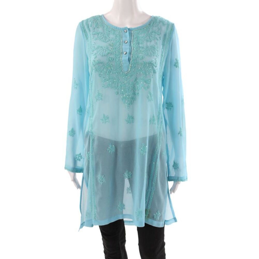 Graham Kandiah Womens Tunic Blouse Blue Linen Long Sleeve Round Neck Size M